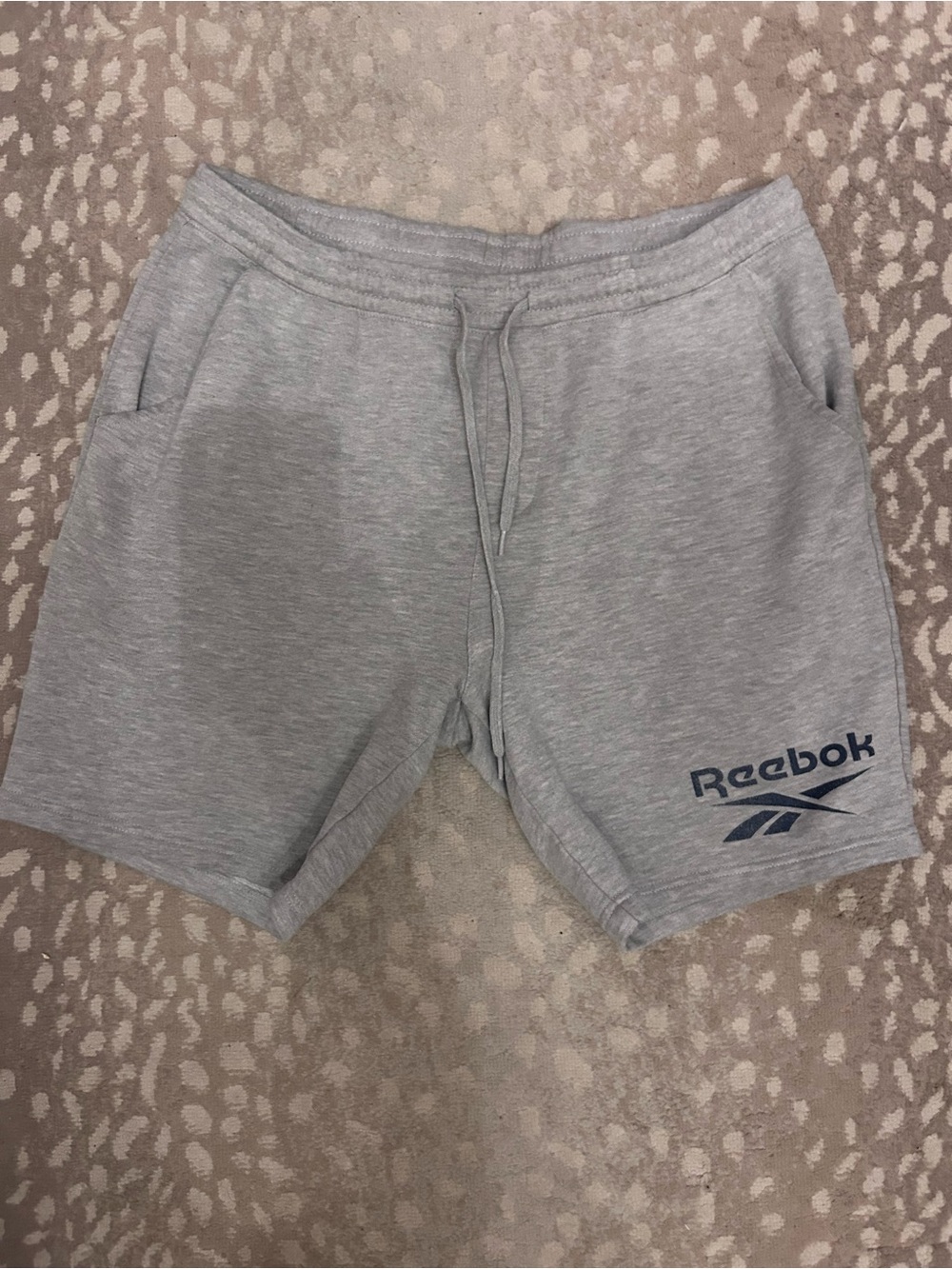 Reebok Men's Light Gray Athletic Shorts with Navy Logo